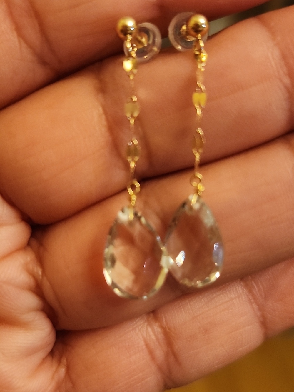 14kt Gold Drop Quart  Dangle Earrings - Elegant Clear Teardrop - Picture 3 of 7